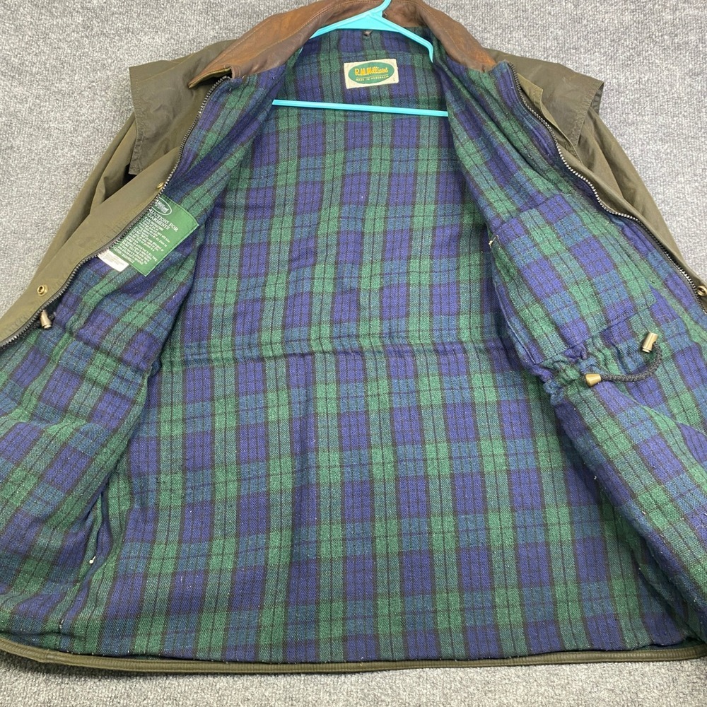 Rm Williams Mens Oilskin Jacket Waxed Cotton Leather Collar Green Plaid Lined L View 5